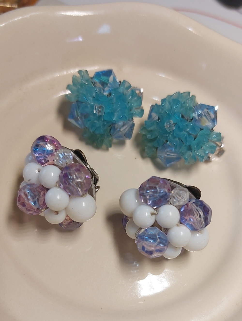Vintage Pastel Crystal & Bead Cluster Clip-On Earrings